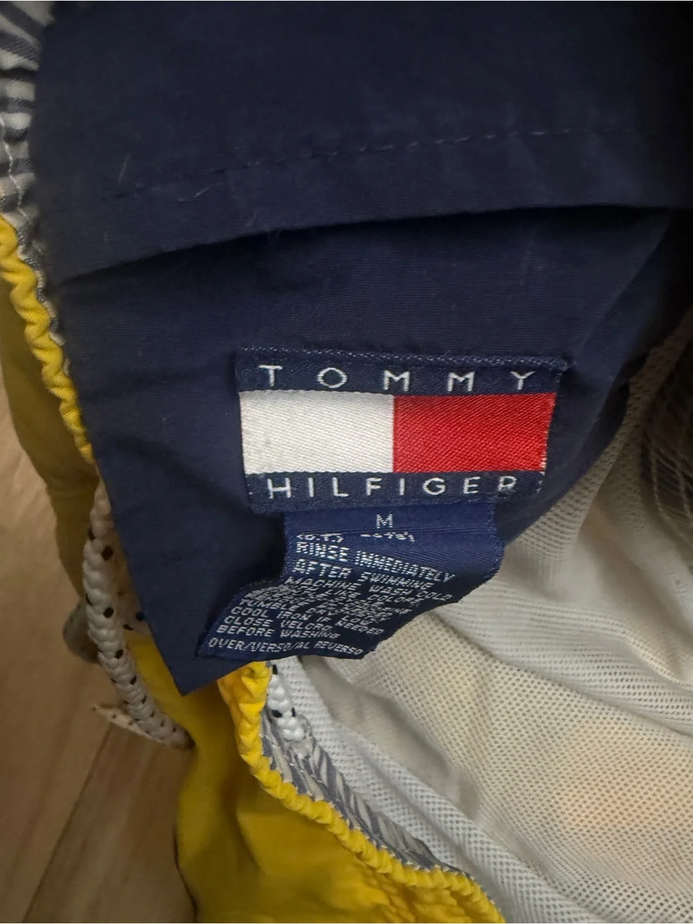Tommy Hilfiger Yellow Swim Trunks with Black & Red Waist Stripes VTG